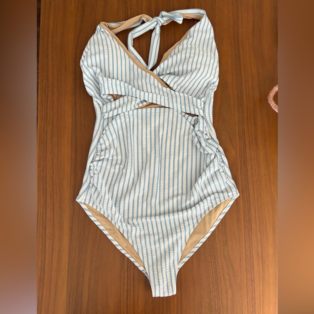 Old Navy Maternity Blue and White Striped Halter Swimsuit